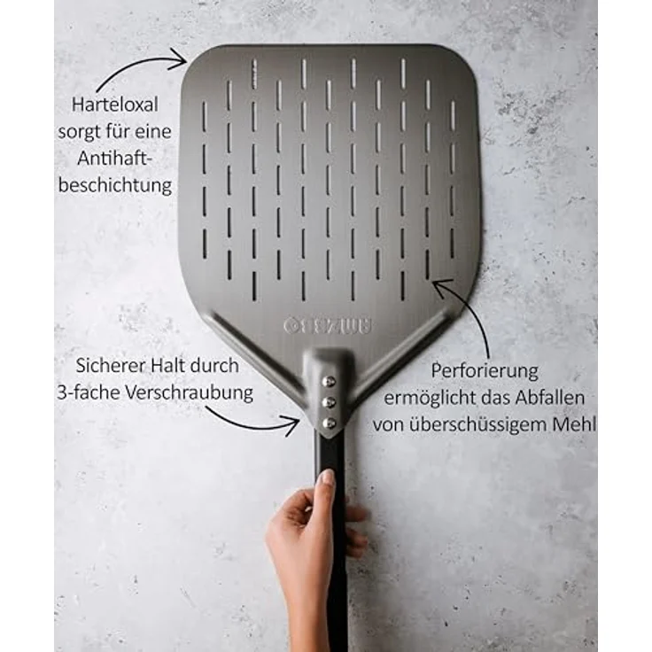 AMZBBQ® Premium Pizzaschieber, 30 x 30 x 66 cm, perforierte Pizzaschaufel aus harteloxiertem Aluminium, leichtgewichtig, ergonomischer Griff, Grill Zubehör Geschenk für Männer – Bild 3