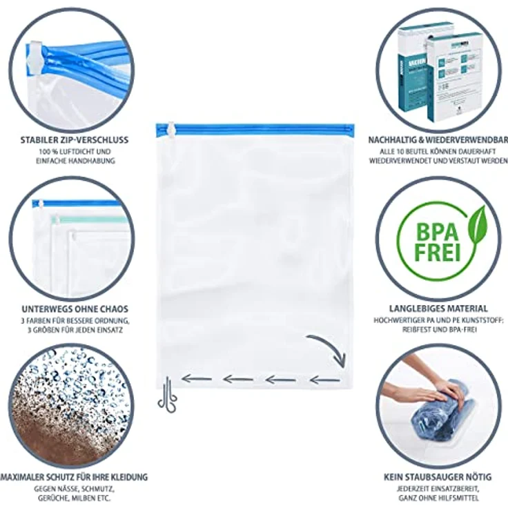 NORDIC® Vakuumbeutel für Kleidung Reise - 10 Stück (S + M + L) - BPA-frei, wiederverwendbare Kompressionsbeutel, Protects vor Feuchtigkeit und Gerüchen – Bild 5