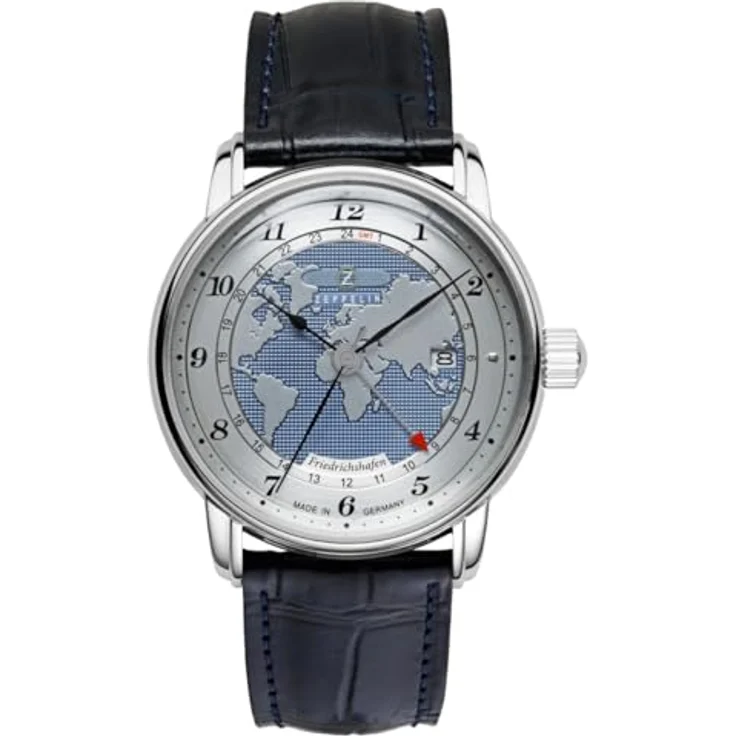 Zeppelin Herren-Armbanduhr Automatik GMT Friedrichshafen Blau 8596-3, Edelstahl Gehäuse, Lederarmband in Blau – Bild 1