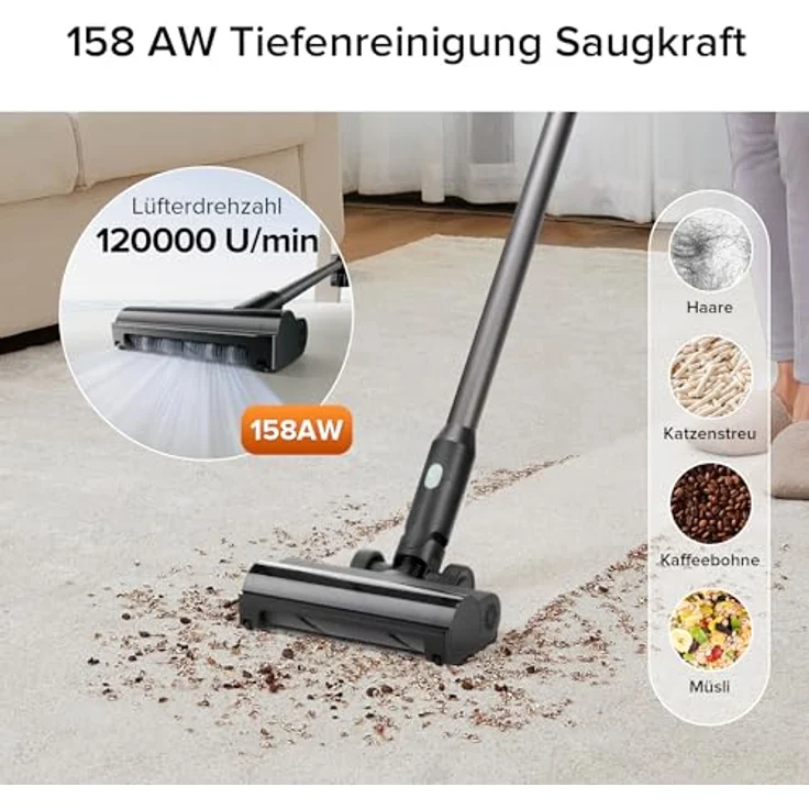 Roborock H5 Akku Staubsauger - 158AW Saugleistung, 120.000 RPM, Leichtes Design (1,55 kg), 60 Min Akkulaufzeit, 3-in-1 Bürstenköpfe Staubsauger Kabellos, Geeignet für Böden, Teppiche, Tierhaare – Bild 2