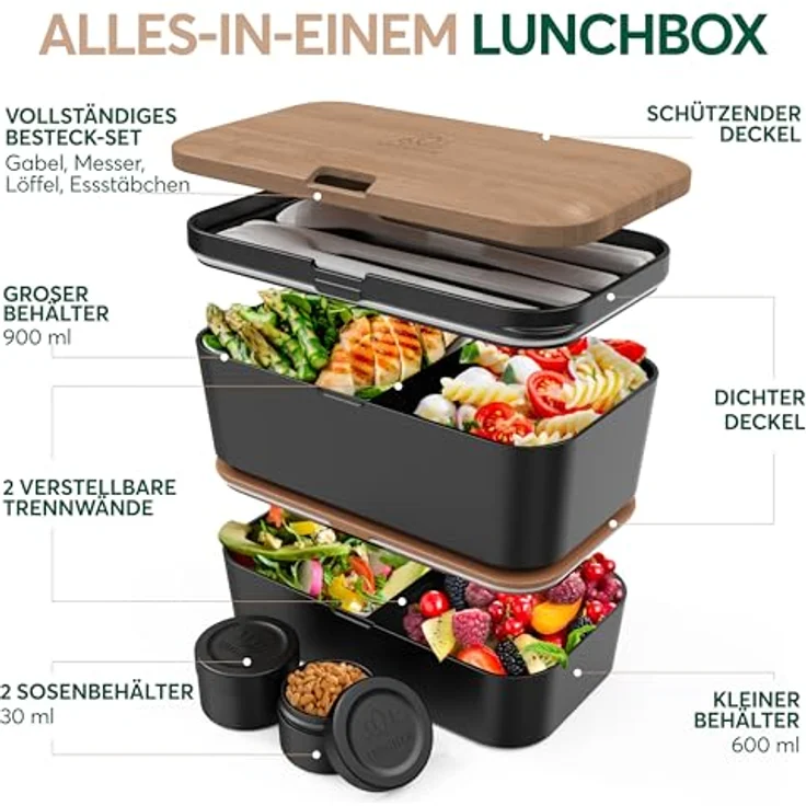 UMAMI Bento Lunchbox für Erwachsene, auslaufsichere Brotdose mit Besteck und 2 Saucenbehältern, ideal für Meal Prep und Snacks, doppelte Fächergestaltung – Bild 2