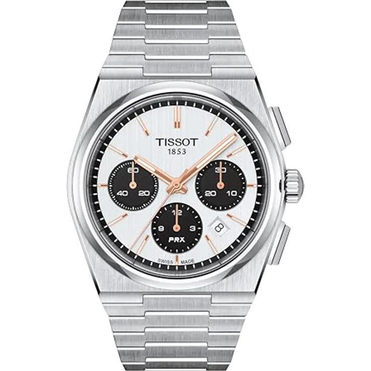 TISSOT Herren T1374271101100 PRX Automatik Chronograph mit Weißem Zifferblatt, Silberfarbenem Band und Gehäuse, Kratzfestem Saphirglas, Schnalle und Butterfly-Verschluss