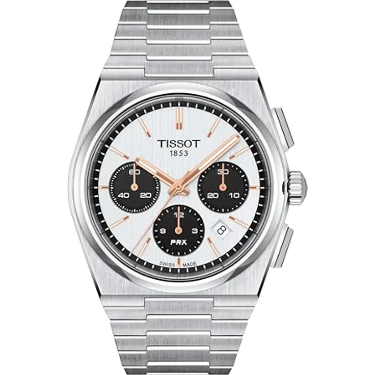 TISSOT Herren T1374271101100 PRX Automatik Chronograph mit Weißem Zifferblatt, Silberfarbenem Band und Gehäuse, Kratzfestem Saphirglas, Schnalle und Butterfly-Verschluss – Bild 1