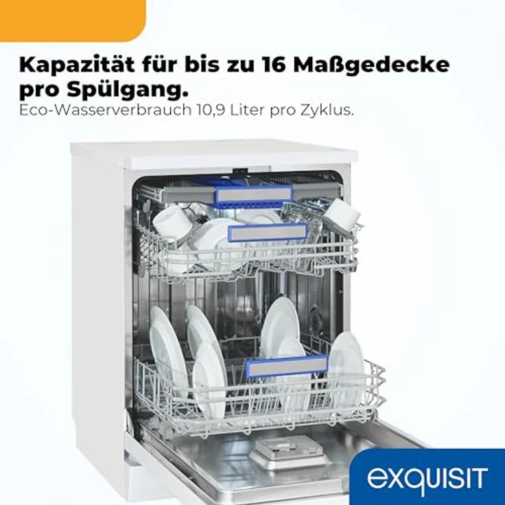 Exquisit GSP9616-450B, Stand-/Unterbau-Geschirrspüler mit 16 Maßgedecken, Energieklasse B, 45 dB, 8 Programme, Besteckschublade, halbe Beladung, weiß – Bild 5