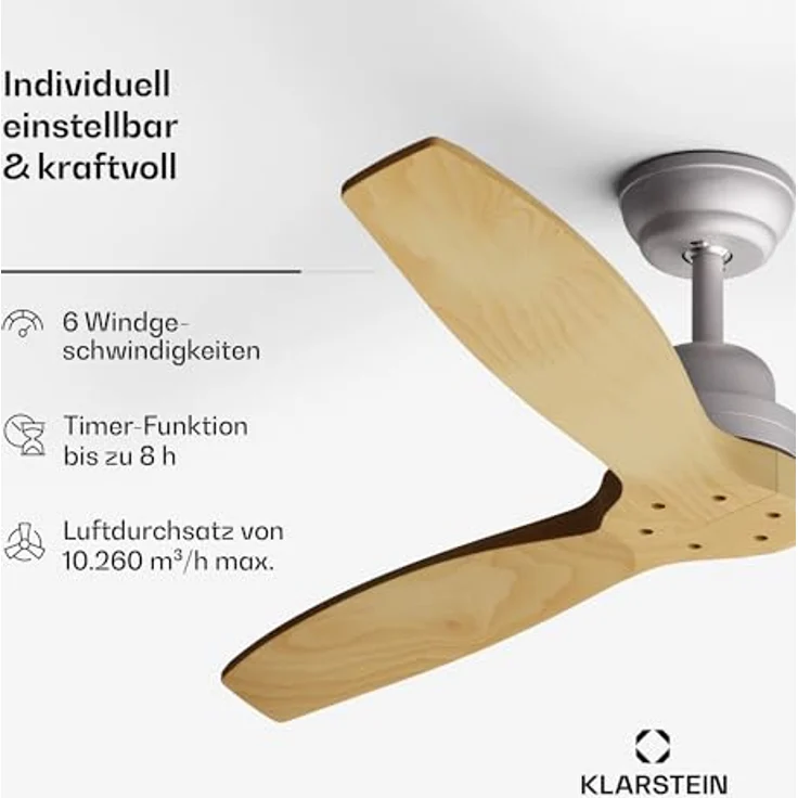Klarstein Santa Elena Deckenventilator, 132 cm, 6 Geschwindigkeiten, leise, Echtholzflügel, Sommer- & Wintermodus, Smart App & Fernbedienung, Ahorn – Bild 5