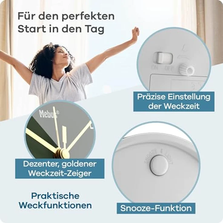 Mebus geräuschloser Wecker 56972, mit Snooze-Funktion und beleuchtetem Zifferblatt, in Grün für ruhige Nächte – Bild 3