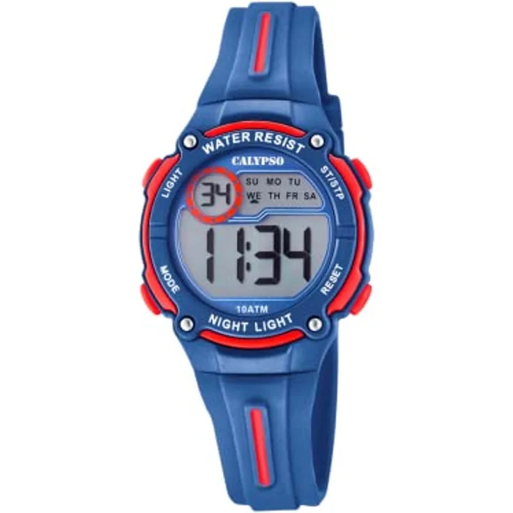 Calypso Jungen Digital Quarz Uhr mit Plastik Armband K6068/4, blaues Uhrenarmband und Stopp- sowie Alarmfunktion