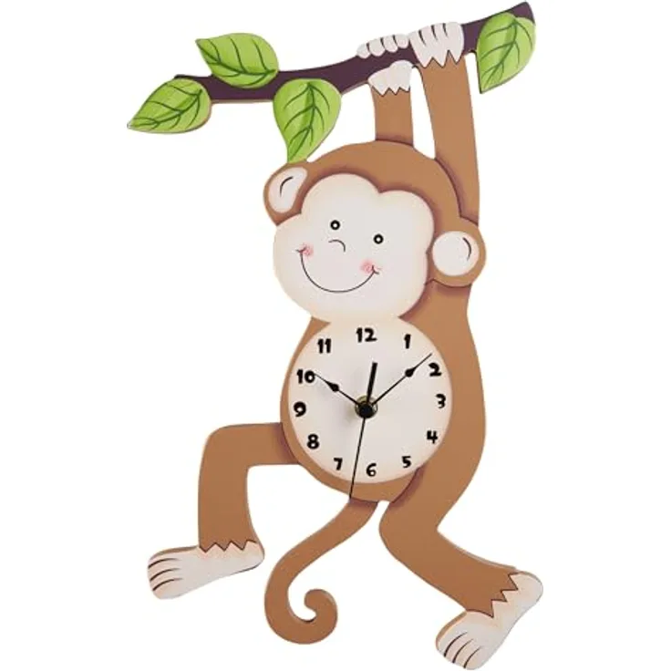 Teamson Kids Sunny Safari Monkey Wanduhr, Braun, Holzwerkstoff, 29x4x41 cm, keine Montage erforderlich, Kinderuhr zur Zeitlernung