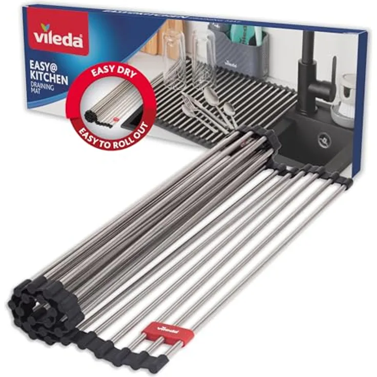 Vileda Abtropfgitter Spüle 45x40cm aus Edelstahl & TPE - Rollbar, 24 Stangen - Ideal für Geschirr - Faltbar, silber