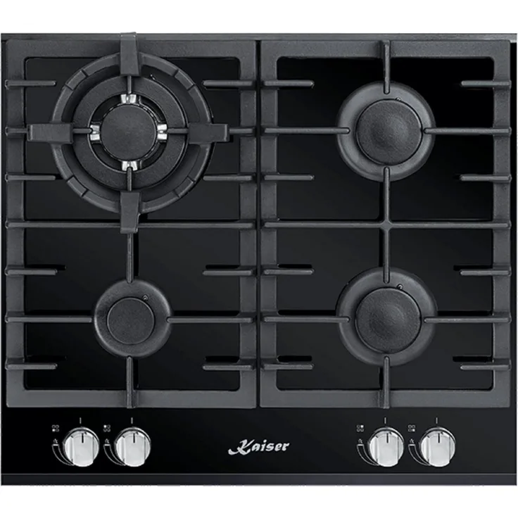 Kaiser KCG 6380 Turbo, Gas-Kochfeld 60cm mit 4 Brennern, Wok-Brenner 3,8 kW, schwarzes Glas