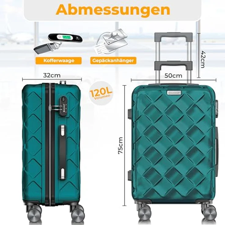 KESSER® Reisekoffer 120L ABS Hartschalenkoffer mit Zahlenschloss, Kofferwaage, Reisebrieftasche & 360° Rollen, Trolley Petrol Teal – Bild 2