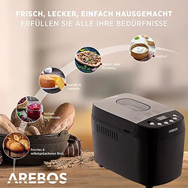 Arebos Brotbackautomat 1500g | mit 15 Programmen | 2 Knethaken | Timer | LCD Display | 3 Bräunungsgrade und Brotgrößen | 850 W | Schwarz – Bild 2