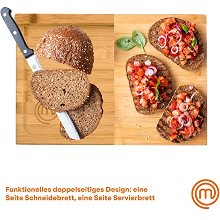 MasterChef Schneidebrett Holz, Holzbrett Küche aus Bambus, für Fleisch, Schinken, Brot, Käse, mit Saftrille und Anschlagkante, Natürlich, Nachhaltig,38.5L x 26.5W x 2H – Bild 3