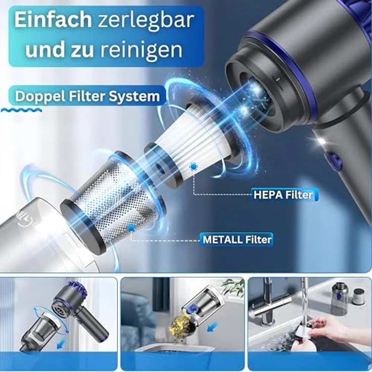 Steinborg® Handstaubsauger Akku 7in1, kabellos mit Blasfunktion, Saugkraft 16000Pa, LED Licht, 7 Aufsätze, ideal für Tierhaare, ultra-leise unter 60 dB – Bild 2