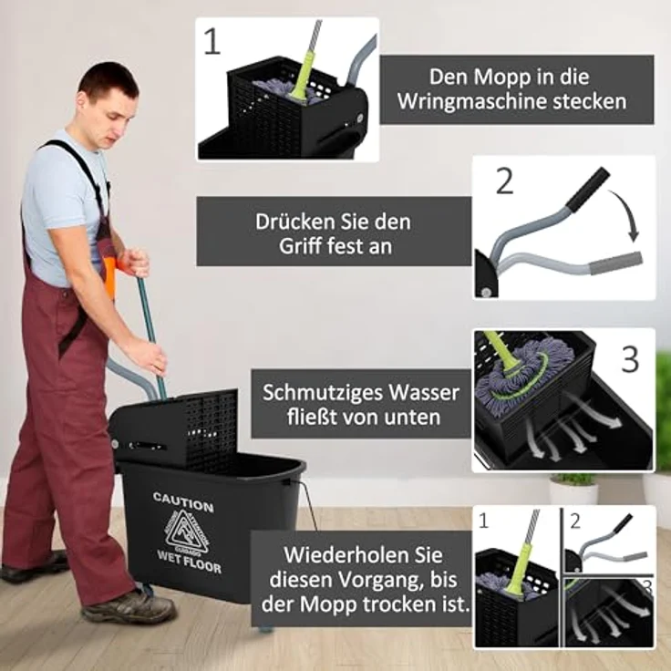 HOMCOM Putzeimer 20L, Wischwagen mit Auswringer und 2 Kammern, rollbar, Schwarz – Bild 5