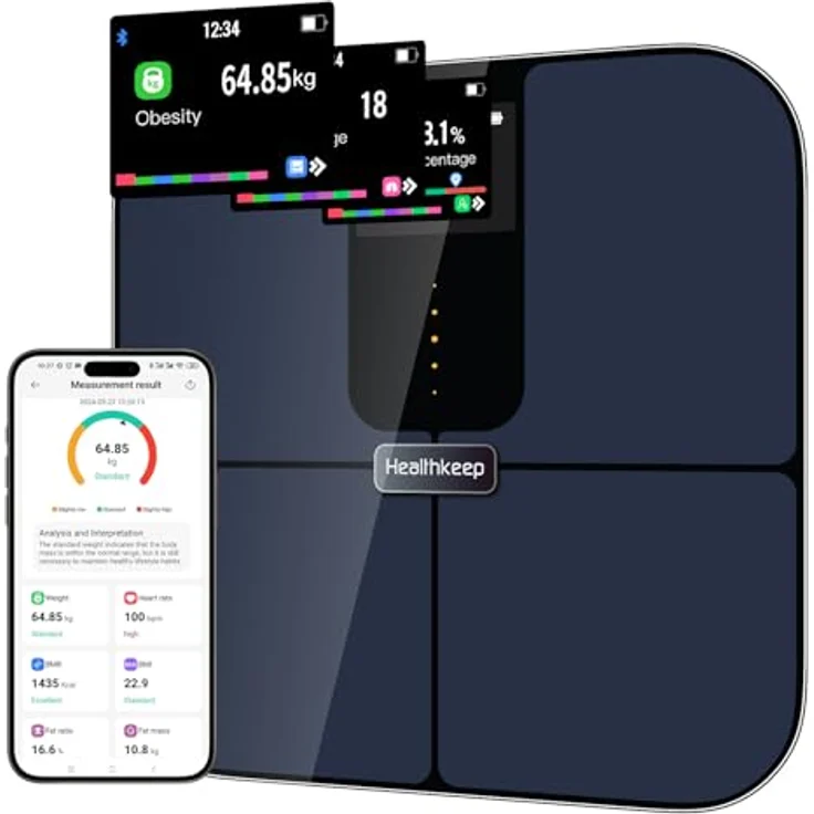 Healthkeep Personenwaage mit TFT-Farbdisplay, ITO-Technologie und Herzfrequenzmessung, App für Android und iOS, Blau – Bild 1