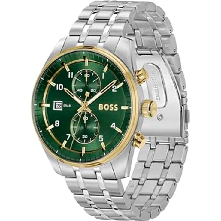 BOSS Chronograph Quarz Uhr für Herren Kollektion SKYTRAVELLER mit Silbernes Edelstahlarmband - 1514195, grünes Sunray-Effekt-Zifferblatt – Bild 2