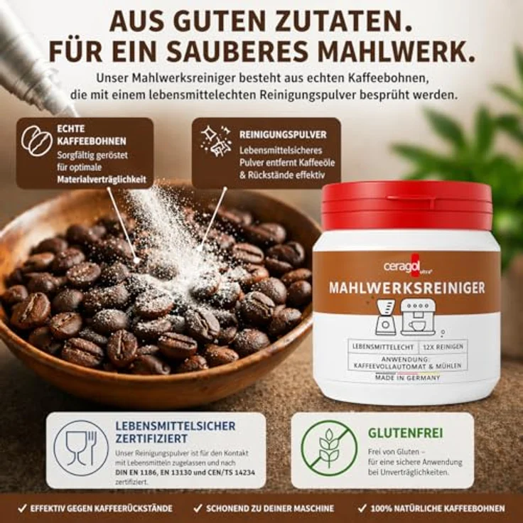 ceragol Mahlwerkreiniger Vollautomat und Kaffeemühle, 200g - Effektiver Reinigungsbohnen für Kaffeevollautomaten und Mühlen, lebensmittelecht, glutenfrei, geschmacksneutral – Bild 4