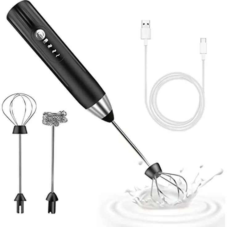 EBUYFIRE Elektrischer Milchaufschäumer, USB wiederaufladbar mit 3 einstellbaren Geschwindigkeiten, Edelstahl für Kaffee und Cappuccino (Silber-Schwarz)