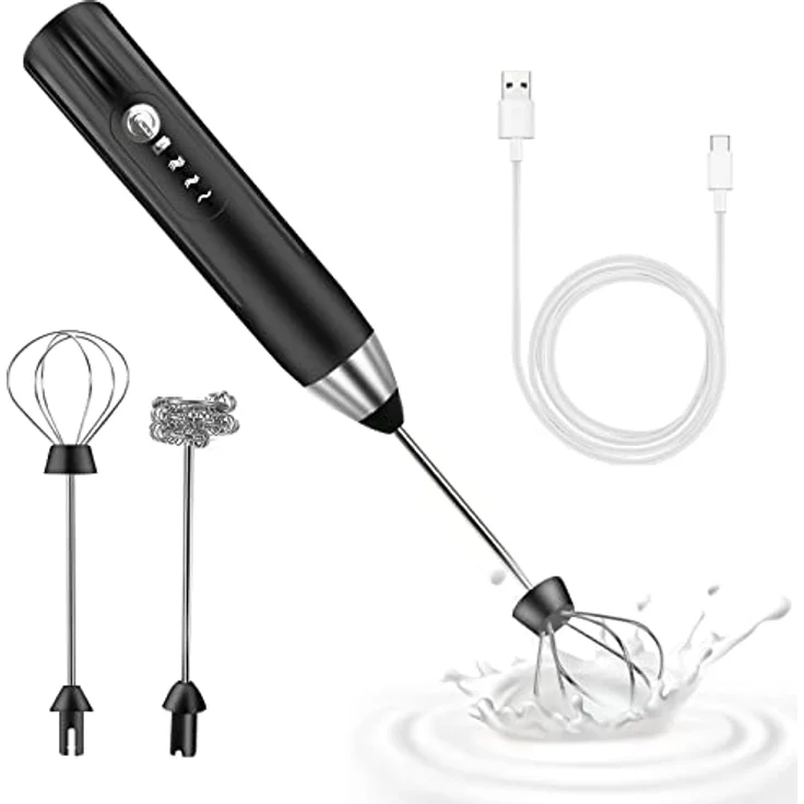 EBUYFIRE Elektrischer Milchaufschäumer, USB wiederaufladbar mit 3 einstellbaren Geschwindigkeiten, Edelstahl für Kaffee und Cappuccino (Silber-Schwarz) – Bild 1