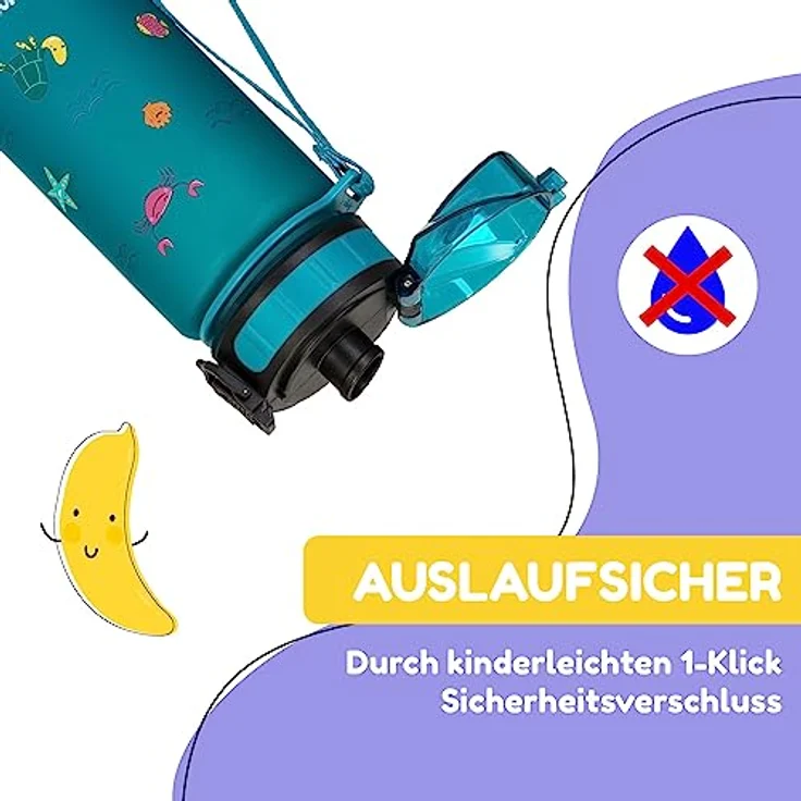 schmatzfatz Kinder Trinkflasche 400ml, Sport für Schule Kindergarten, 1-Klick Verschluss, Geschmacksneutrale Wasserflasche, Auslaufsicher mit Fruchteinsatz, BPA-Frei - Preisvergleich – Bild 2