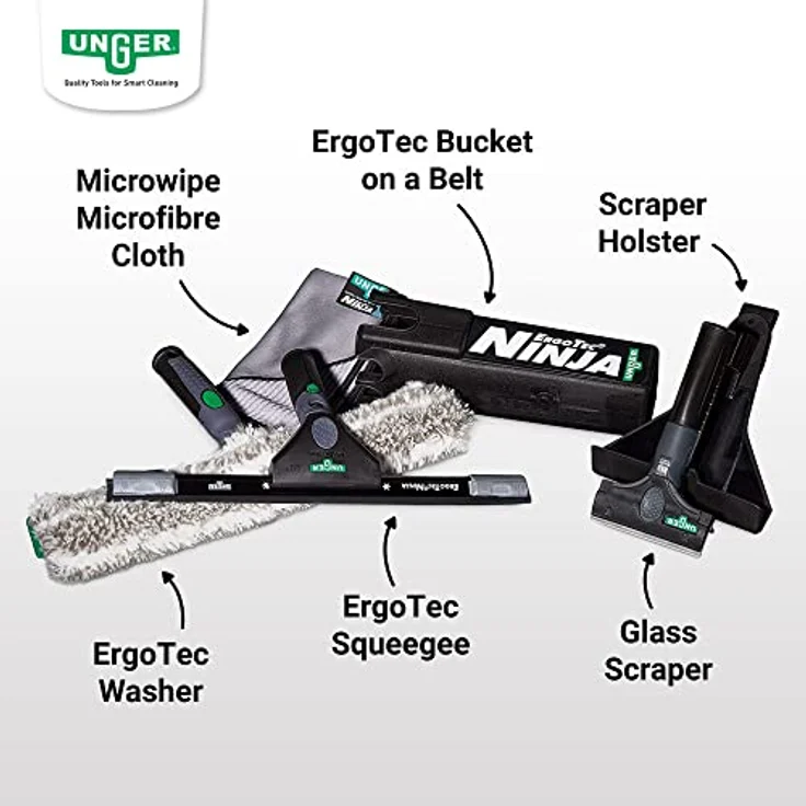 Unger ErgoTec Ninja Fensterreinigungs-Komplett-Set 6in1 (Einwascher 35 cm, Fensterwischer 35 cm, Mikrofasertuch, Glasschaber, Holster, Bucket on a Belt, Fensterreinigung/Glasreinigung) AKN14 – Bild 2