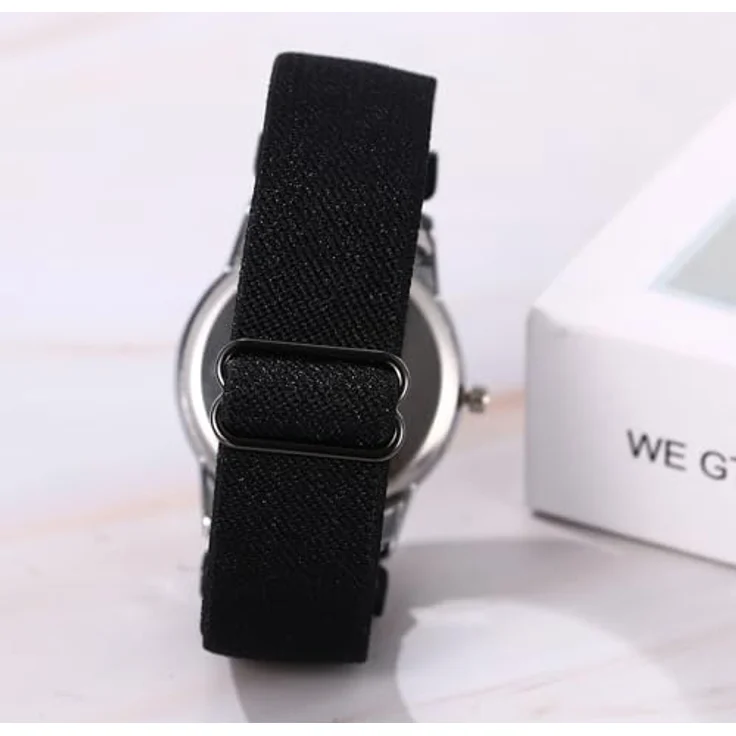 JewelryWe Geflochtene Elastische Armbanduhr, Kalender Analog Quarz mit Schwarz Stoffarmband & 12/24 Stunden Zifferblatt für Damen und Herren – Bild 3