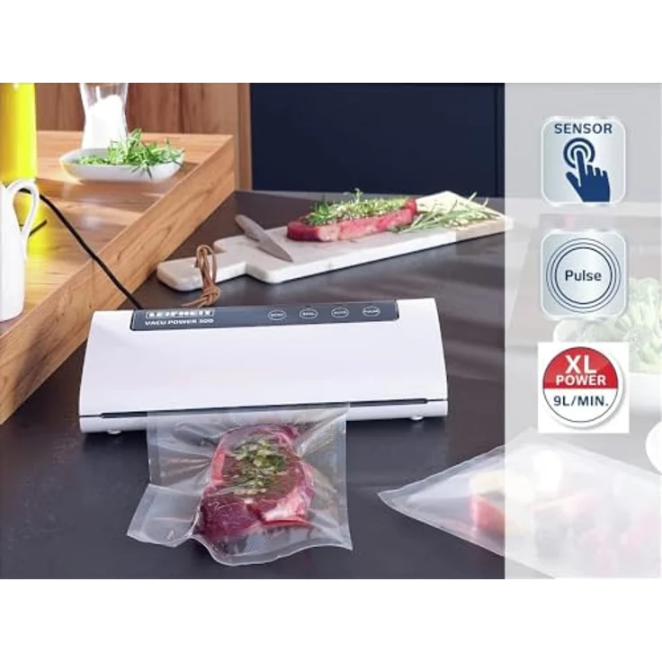 Leifheit Vakuumiergerät Vacu Power 300, Vakuumierer zum Konservieren, Lebensmittel bleiben 5x länger frisch, ideal zum Sous-Vide-Garen, Folienschweißgerät inkl. 10 Vakuumierbeuteln 20x30cm – Bild 3