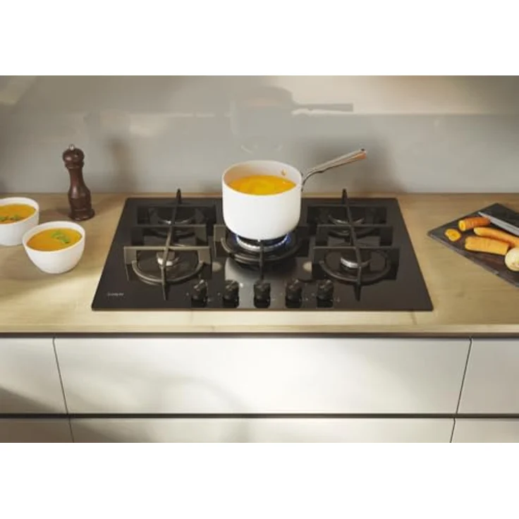 Candy Moderna Gas On Glass Gaskochfeld mit 5 Brennern, gehärtetes Glas, doppelter Kronenbrenner, spülmaschinenfeste Grillroste, Schwarz - CVG74WTB – Bild 5