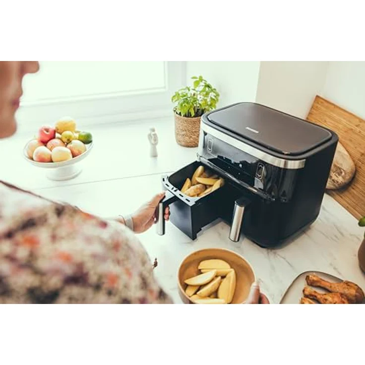 SEVERIN Doppel Heißluftfritteuse mit 2 x 3,8 L Garraum, XXL Heißluftfritteuse für gesundes Kochen, 8 Automatik-Programme, Fritteuse ohne Fett mit Dörrfunktion, 2850 W, schwarz/silber, FR 2453 – Bild 5