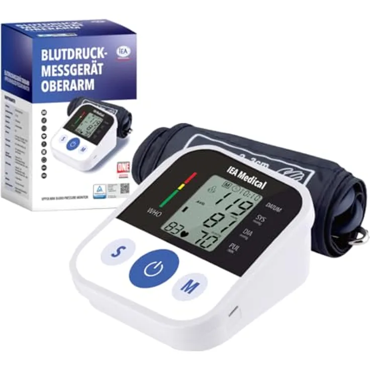 IEA Medical Blutdruckmessgerät Oberarm, TÜV zertifiziert, für 2 Personen, großes Display, USB-C und Batteriebetrieb