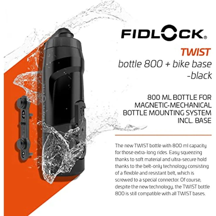 Fidlock Trinkflasche TWIST, 800 ml, schwarz, inkl. bike base, BPA-freies Polypropylen, spülmaschinengeeignet – Bild 2