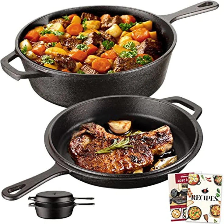 Overmont 2 in 1 Gusseisen Topf Dutch Oven mit Pfannendeckel 3I Gusseisentopf + 1,4I Pfannendeckel einsatzfertig eingebrannt mit Langem Griff für Küche Camping Garten BBQ Backen Modell: OV009 – Bild 1