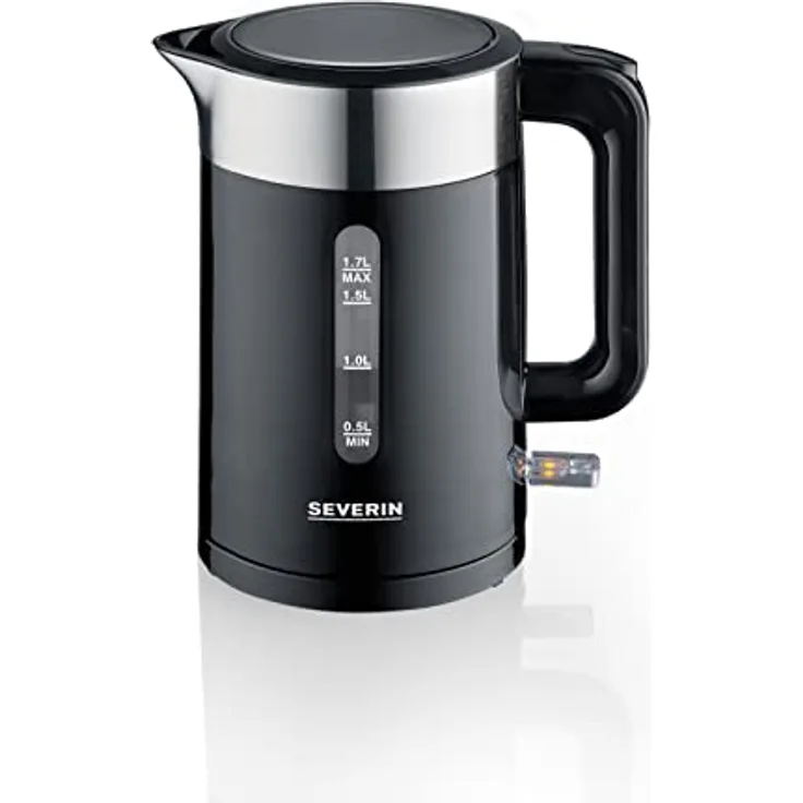 SEVERIN Wasserkocher, praktischer, kabelloser Wasserkocher mit 1-Hand Bedienung und 1,7 Liter Fassungsvolumen, BPA-Frei, Edelstahl-gebürstet/schwarz, Küchengeräte WK 9265