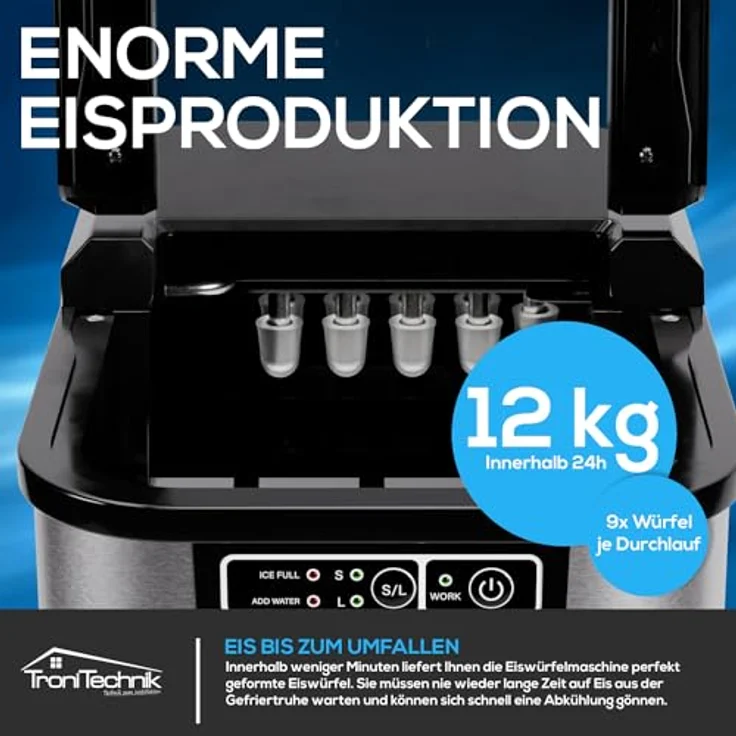 TroniTechnik® Eiswürfelmaschine aus Edelstahl, Ice Maker, 12kg/24h, 2,2 Liter Wassertank, Selbstreinigung, silberfarben – Bild 5