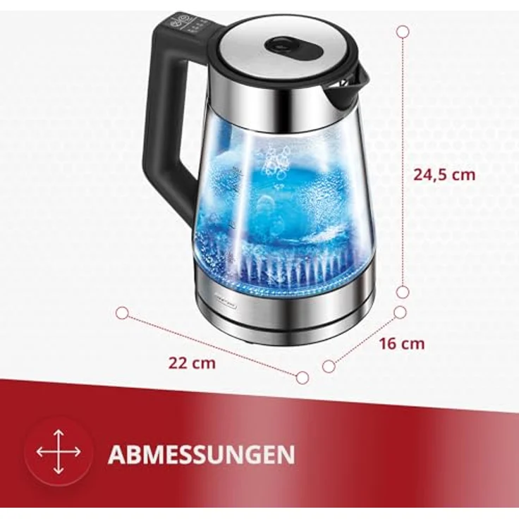 MPM MCZ-116 Wasserkocher 1,7L mit LED-Beleuchtung, Temperaturregelung 50-100°C, Glas- und Edelstahlgehäuse, Warmhaltefunktion, 2200W – Bild 3