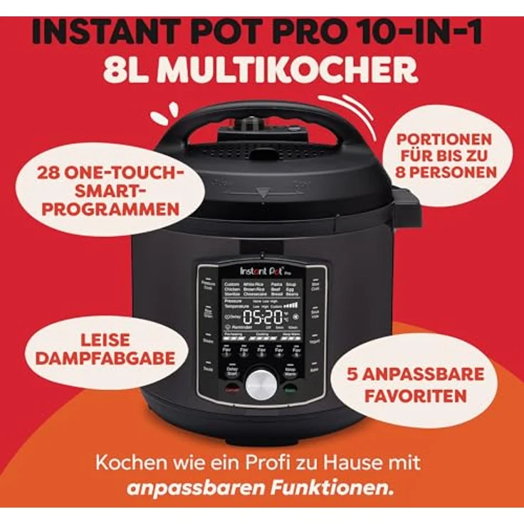 Instant Pot Pro 10-in-1 Multikocher, 7,6 l, 1400 W, Slow Cooker mit 5 Favoriten-Tasten, schwarz – Bild 3