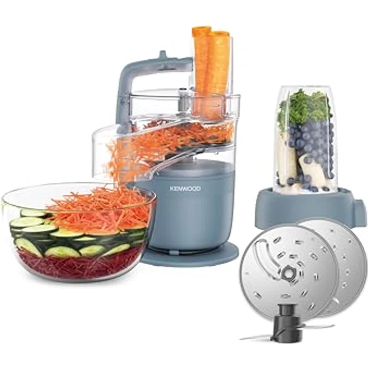 Kenwood MultiPro Compact FDP23.380GY – Kompakte Küchenmaschine mit Express Serve, Edelstahlmesser, Schneid- und Raspelscheiben, 600-ml-Mixbecher, Pulse-Funktion, Blau
