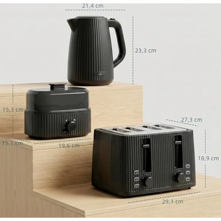 HOMCOM Wasserkocher-Toaster-Eierkocher Set, 1,7L Wasserkocher, 4-Scheiben Toaster in Schwarz mit Sicherheitsfunktionen und Signalton-Timer – Bild 7