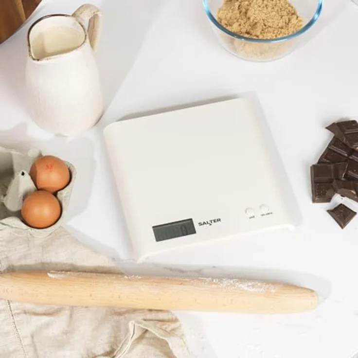SALTER digitale Küchenwaage, elektronische Waage für die Küche, LCD-Display, Zuwiegefunktion, einfach zu reinigen & platzsparend, max. Traglast 3kg, schlankes Design, weiß – Bild 3