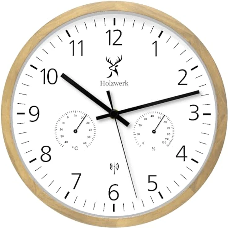 Holzwerk MEERSBURG Funkwanduhr, Holz-Wanduhr mit Temperaturanzeige und Hygrometer, lautloses Uhrwerk, Buche Weiß, 30 cm – Bild 1