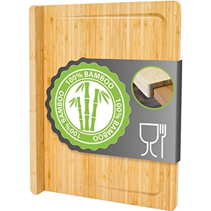 DuneDesign Schneidebrett mit Kante - 44x34x2 Fleischbrett mit Saftrille Groß - Holzbrett mit Kante für Küche - Bambus Holzplatte Kantenschutz Holz Schneidbrett mit Saftrinne Küchenbrett Arbeitsplatte