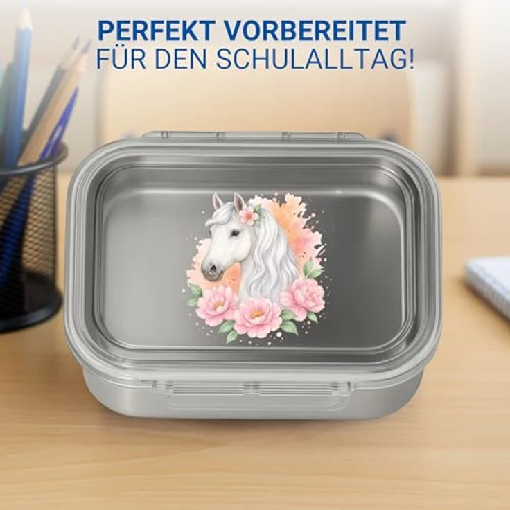 elasto Edelstahl Brotdose Kinder 1000 ml, Lunchbox 'Storage' mit Trennwand und Pferdemotiv für Schule und Kindergarten – Bild 6