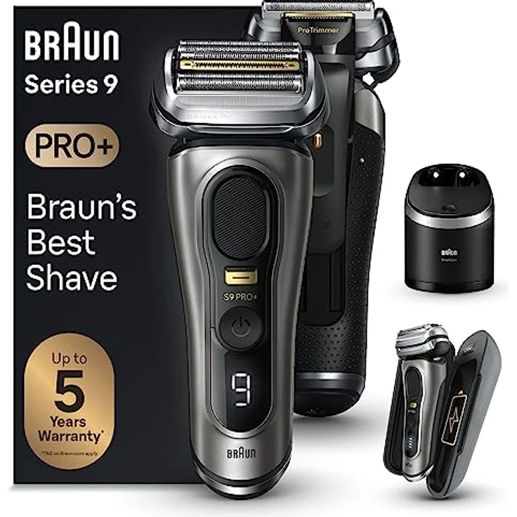 Braun Series 9 Pro+ Elektrorasierer, Reinigungsstation, Rasierer-Ladeetui (PowerCase), Wet & Dry, 9575cc, Edelmetall – Bild 1
