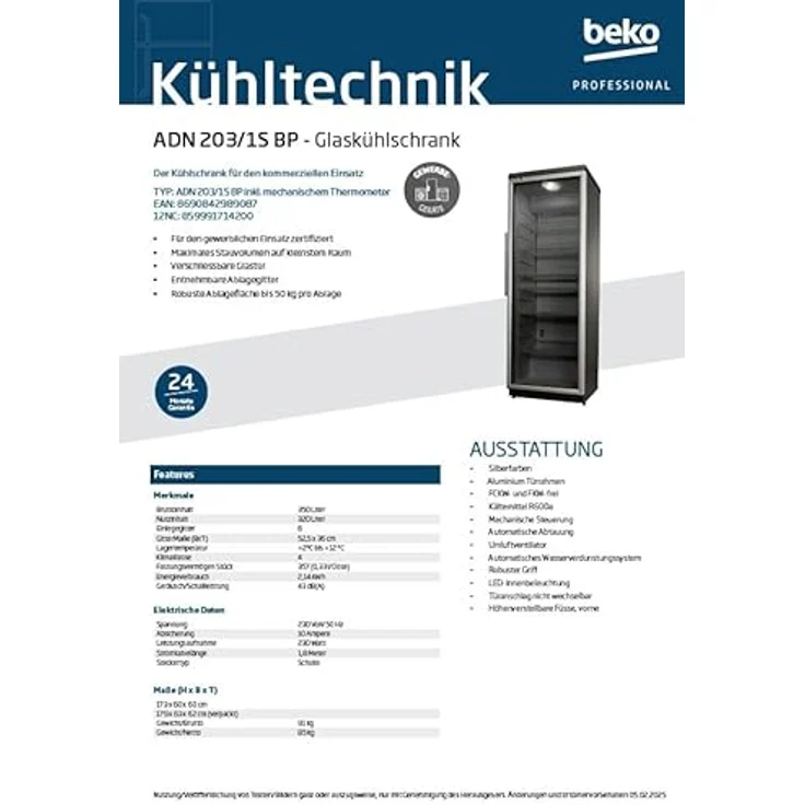 Beko ADN 203/1S BP, Glaskühlschrank 320L mit Umluftventilator, Aluminium Silberfarben, für gewerblichen Einsatz – Bild 3
