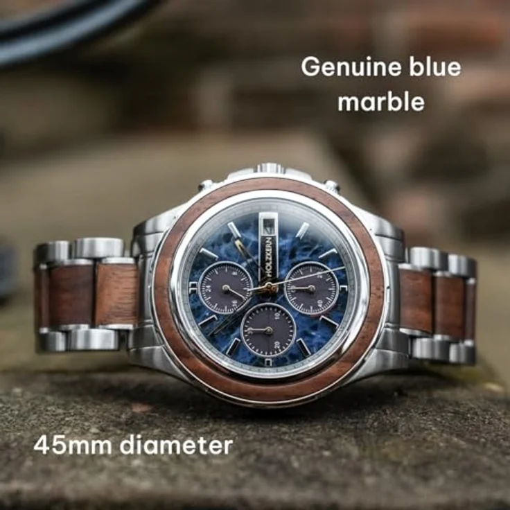 HOLZKERN Herren-Chronograph Solar KOH Mak, Armbanduhr aus Walnuss/Marmor mit blauen Zifferblatt, Edelstahlarmband, Chronograph und Stoppuhrfunktion – Bild 2