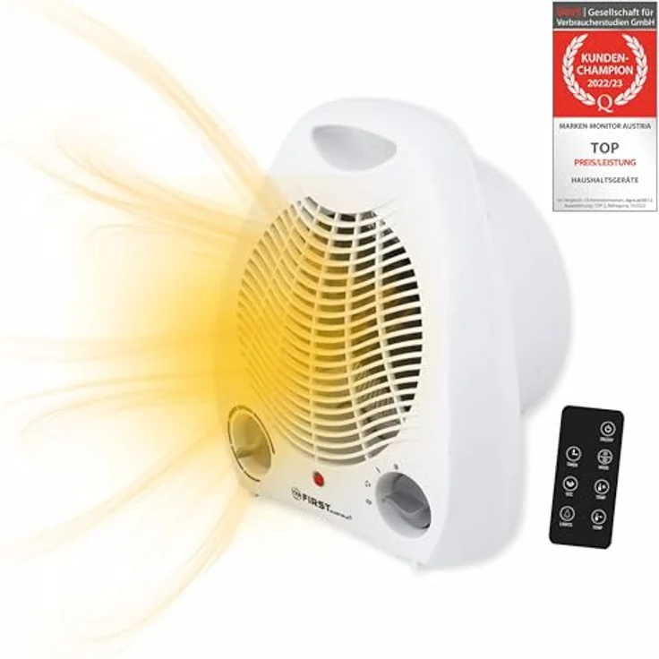 TZS First Austria Heizlüfter FA-3300, 1000/2000W, 2 Heizstufen, Thermostat, Überhitzungsschutz, leise (52dB), kompakt, weiß/grau, energiesparend – Bild 1