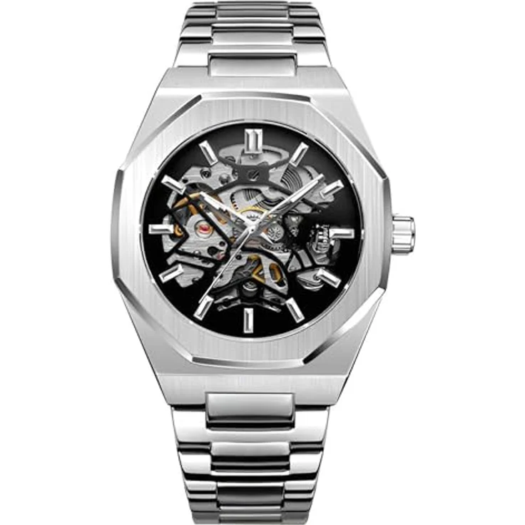 S&T Design Mechanische Uhr Skelett Edelstahl, Achteckiges Design, Wasserdicht, für Herren - Preisvergleich – Bild 3