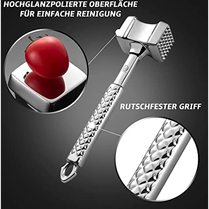 Fleischklopfer Edelstahl spülmaschinenfest - Original Design - Doppelseitiger Schnitzelklopfer ideal für Schnitzel, Koteletts, Steaks - Fleischhammer mit 5 Jahre Garantie - Preisvergleich – Bild 4