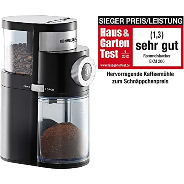ROMMELSBACHER Kaffeemühle EKM 200 – aromaschonendes Scheibenmahlwerk, Mahlgrad einstellbar von grob bis fein, 2-12 Portionen, Füllmenge Bohnenbehälter 250 g, 110 Watt, schwarz – Bild 2